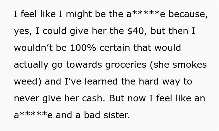 Text discussing feelings of guilt for offering groceries from Dollar Tree instead of giving cash.