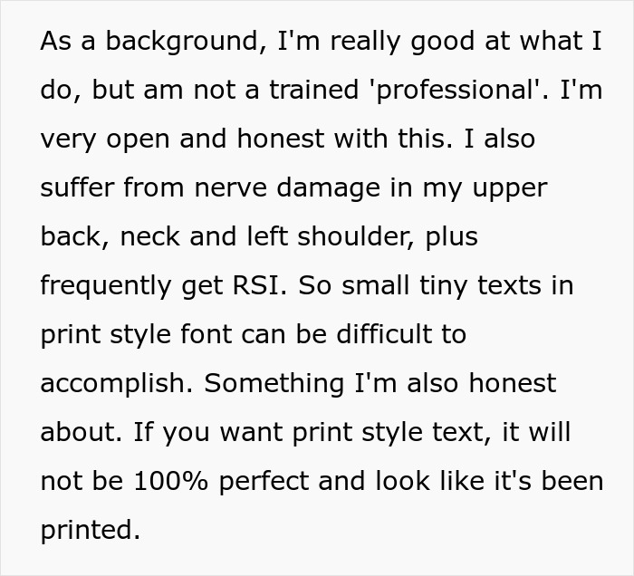 Text describing challenges faced by an artist, mentioning nerve damage and RSI. Text describing challenges faced by an artist, mentioning nerve damage and RSI.