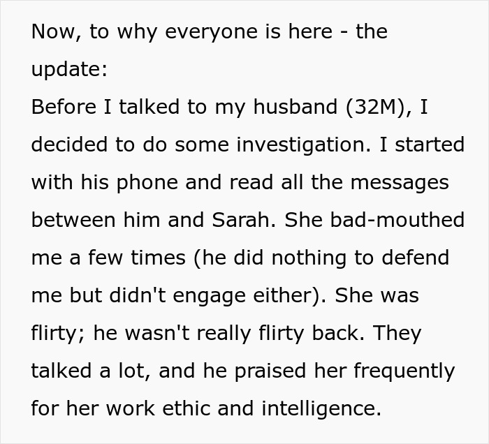 Text update about a husband, his work colleague Sarah, and their message exchanges concerning work ethics and intelligence. Text update about a husband, his work colleague Sarah, and their message exchanges concerning work ethics and intelligence.
