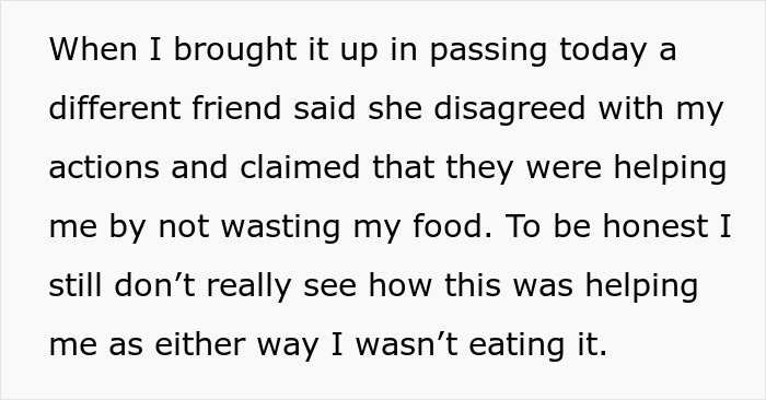 Text discussing disagreement over friends taking food home without payment. Text discussing disagreement over friends taking food home without payment.