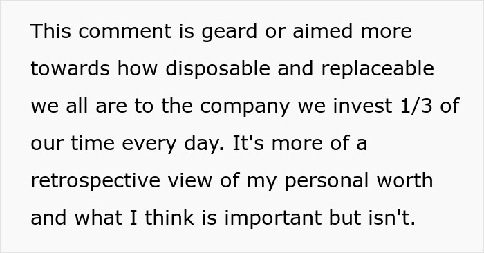 Text reflecting on job replaceability, coworker significance, and personal worth in a workplace context. Text reflecting on job replaceability, coworker significance, and personal worth in a workplace context.