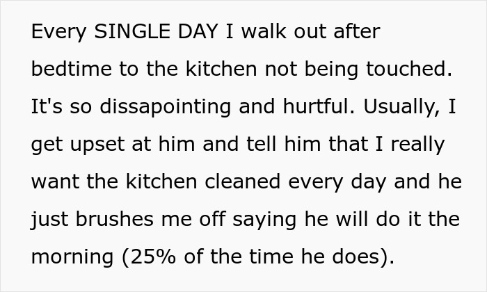 Text describing neglect of chores, husband promises to clean kitchen daily but rarely does, causing disappointment and hurt. Text describing neglect of chores, husband promises to clean kitchen daily but rarely does, causing disappointment and hurt.