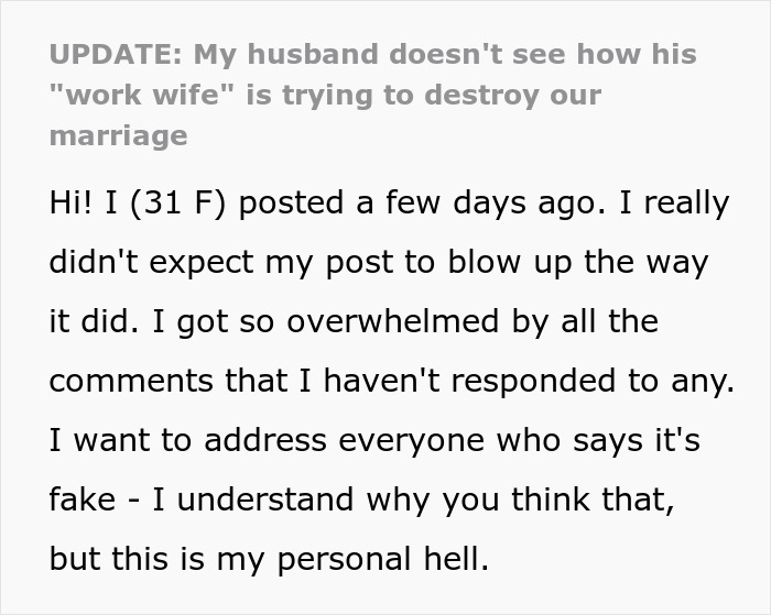 Text update about the impact of a 'work wife' on a marriage, highlighting emotional strain from online responses. Text update about the impact of a 'work wife' on a marriage, highlighting emotional strain from online responses.