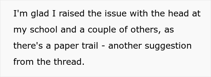 Text from a concerned teacher discussing a student's comment, mentioning consultation with school head and maintaining a paper trail. Text from a concerned teacher discussing a student's comment, mentioning consultation with school head and maintaining a paper trail.