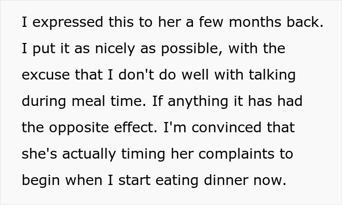 Text image about a guy convinced his GF times her complaints during dinner. Text image about a guy convinced his GF times her complaints during dinner.