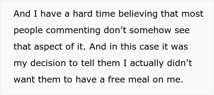 Text about a woman refusing to pay for a meal her friends took home. Text about a woman refusing to pay for a meal her friends took home.