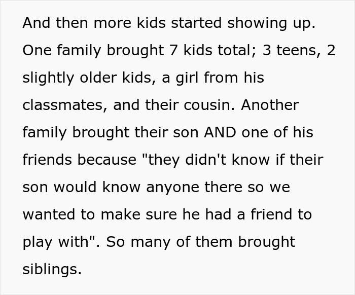 Text about unexpected guests and siblings attending a child's party without RSVPs or presents. Text about unexpected guests and siblings attending a child's party without RSVPs or presents.