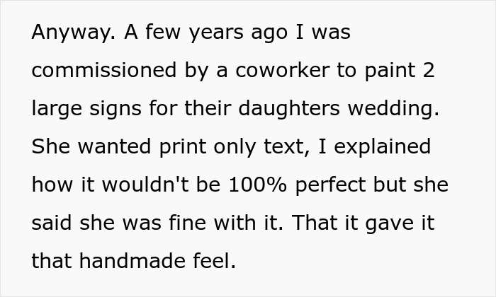 Text discussing a handmade feel in wedding signs commissioned years ago. Text discussing a handmade feel in wedding signs commissioned years ago.
