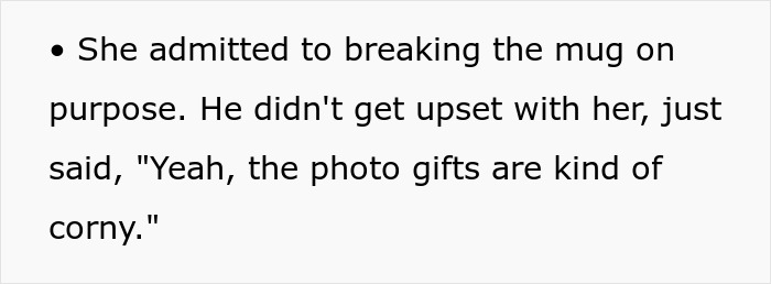 Text conversation about a broken mug, discussing photo gifts being "corny," highlighting work-wife dynamics. Text conversation about a broken mug, discussing photo gifts being "corny," highlighting work-wife dynamics.