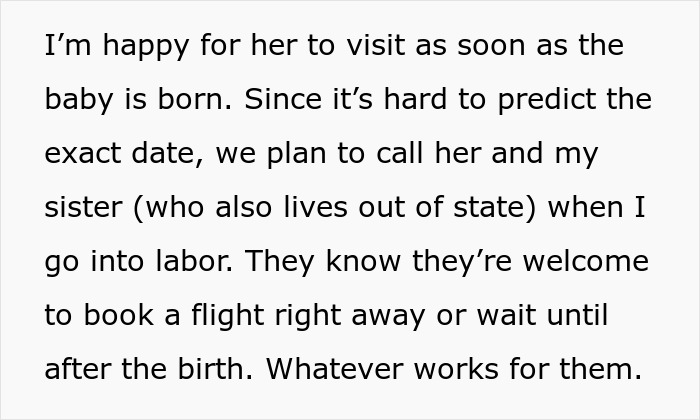 Text discussing MIL visiting arrangements after birth, highlighting flexibility on timing for flights post-labor. Text discussing MIL visiting arrangements after birth, highlighting flexibility on timing for flights post-labor.