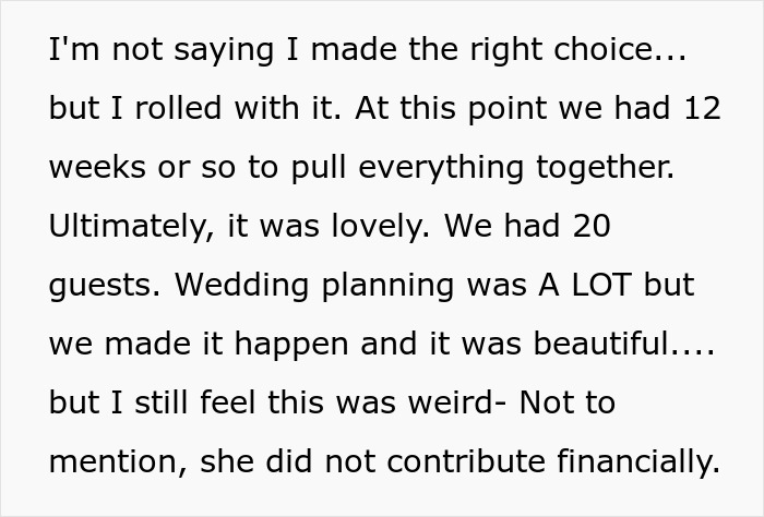 Text discussing a couple adapting to a mother-in-law choosing their wedding date. Text discussing a couple adapting to a mother-in-law choosing their wedding date.