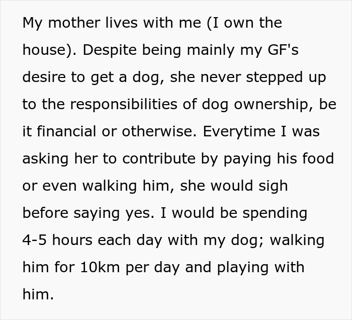 Untrainable dog ownership burden described; man caring for it, seeking help from his mom and girlfriend without success. Untrainable dog ownership burden described; man caring for it, seeking help from his mom and girlfriend without success.