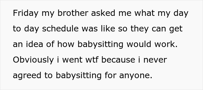 Text describing a refusal to babysit without prior agreement, questioning the expectation. Text describing a refusal to babysit without prior agreement, questioning the expectation.