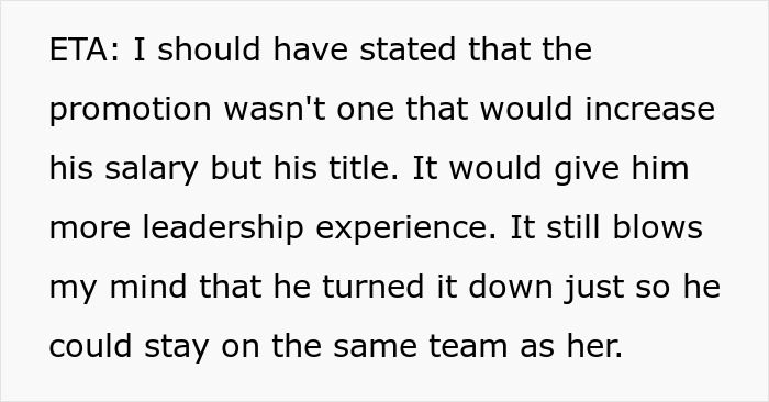 Text about a man declining a promotion to stay on the same team as his work wife, with leadership experience mentioned. Text about a man declining a promotion to stay on the same team as his work wife, with leadership experience mentioned.