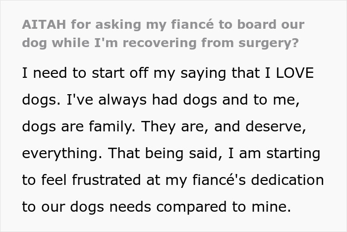 Guy Tells Fiancée To Recover In Hotel Room After Surgery So As Not To Not Disturb His Dog Guy Tells Fiancée To Recover In Hotel Room After Surgery So As Not To Not Disturb His Dog