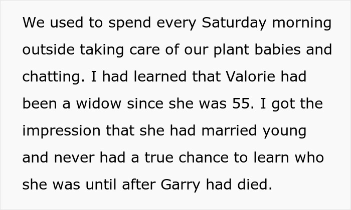 Text discussing inheriting from a friend and spending Saturdays caring for plants. Text discussing inheriting from a friend and spending Saturdays caring for plants.