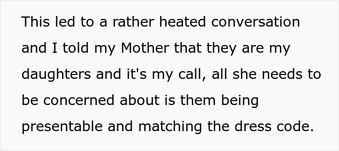 Text discussing a conversation about dressing twins differently and matching dress code. Text discussing a conversation about dressing twins differently and matching dress code.