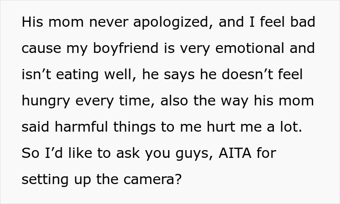 Text on screen discussing feelings about setting up a camera for evidence. Text on screen discussing feelings about setting up a camera for evidence.