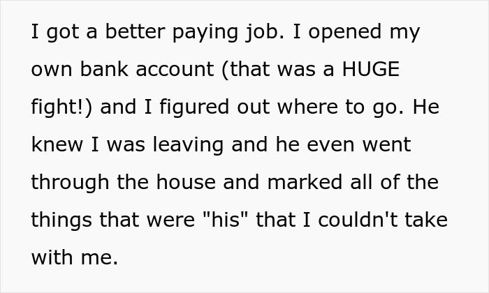 Text describing a woman planning to move out, highlighting items labeled as her ex's possessions. Text describing a woman planning to move out, highlighting items labeled as her ex's possessions.