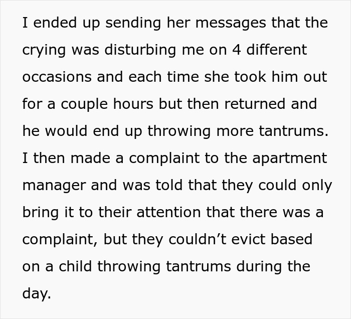 Text about complaints regarding a child's tantrums and the disturbance caused, involving apartment management. Text about complaints regarding a child's tantrums and the disturbance caused, involving apartment management.