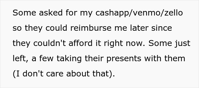 Text about guests asking for reimbursement and leaving without giving presents at a son's party. Text about guests asking for reimbursement and leaving without giving presents at a son's party.