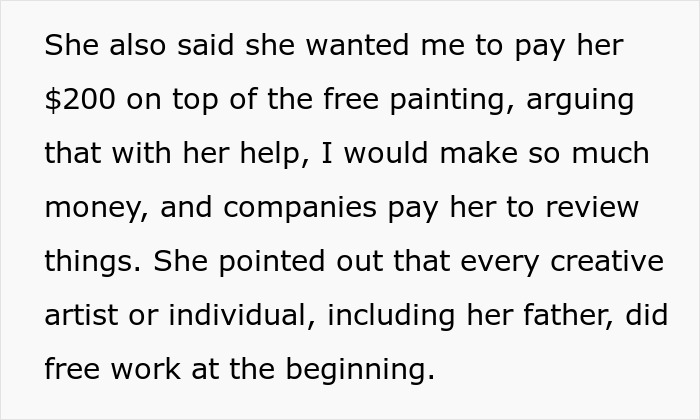 Text exchange about an influencer demanding a free painting and $200, justifying her request with potential promotional benefits. Text exchange about an influencer demanding a free painting and $200, justifying her request with potential promotional benefits.