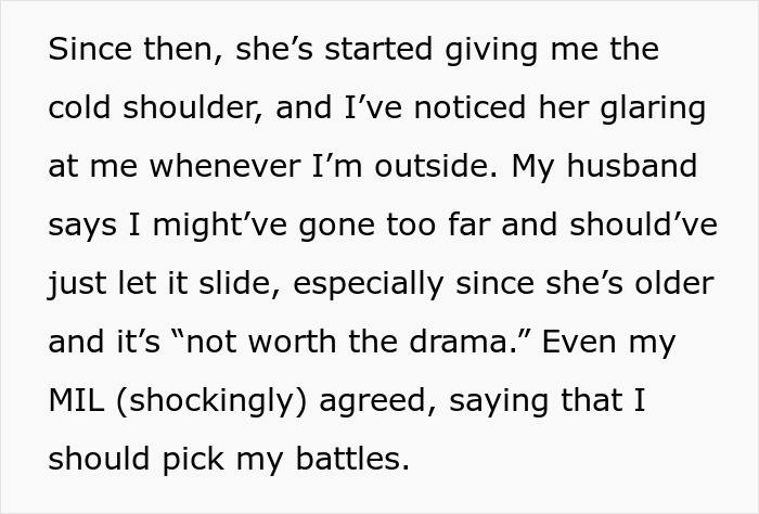 Text describing tension with a neighbor over unauthorized parking, mentioning the cold shoulder and advice to avoid drama. Text describing tension with a neighbor over unauthorized parking, mentioning the cold shoulder and advice to avoid drama.
