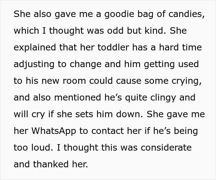 Text about a mom explaining her toddler's tantrums, sharing contact info for noise concerns. Text about a mom explaining her toddler's tantrums, sharing contact info for noise concerns.
