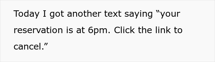 Text message about using phone number for reservation at 6pm, prompting to cancel with a link. Text message about using phone number for reservation at 6pm, prompting to cancel with a link.