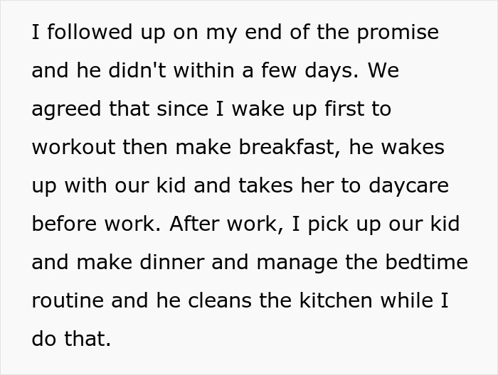 Text detailing a couple's chores agreement, highlighting neglect of agreed responsibilities. Text detailing a couple's chores agreement, highlighting neglect of agreed responsibilities.