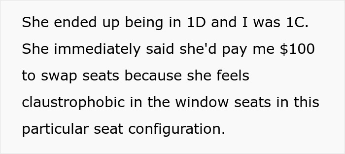 Text about an elderly woman offering $100 to switch seats due to claustrophobia. Text about an elderly woman offering $100 to switch seats due to claustrophobia.