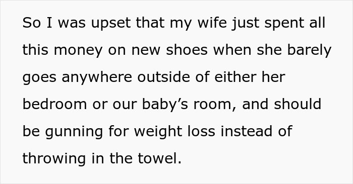 Text expressing frustration over wife's spending on new shoes despite limited outings. Text expressing frustration over wife's spending on new shoes despite limited outings.