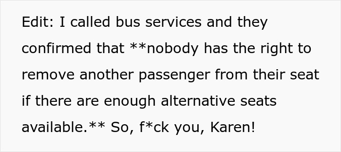 Text message about bus services confirming no one can be forced to vacate their seat if free ones are available. Text message about bus services confirming no one can be forced to vacate their seat if free ones are available.