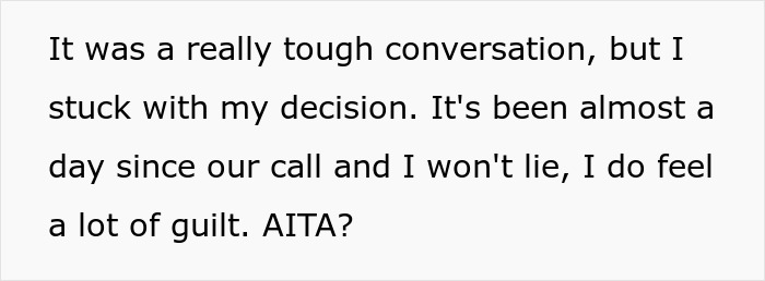 Text discussing a tough conversation about a decision with guilt and self-reflection. Text discussing a tough conversation about a decision with guilt and self-reflection.