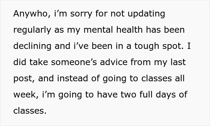 Text discussing mental health challenges and class schedule changes. Text discussing mental health challenges and class schedule changes.