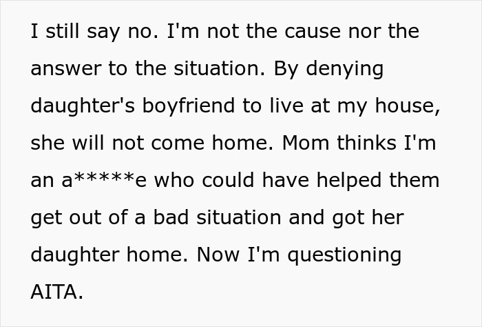 Text message showing stepdad refusing to allow daughter and her boyfriend to move in. Text message showing stepdad refusing to allow daughter and her boyfriend to move in.