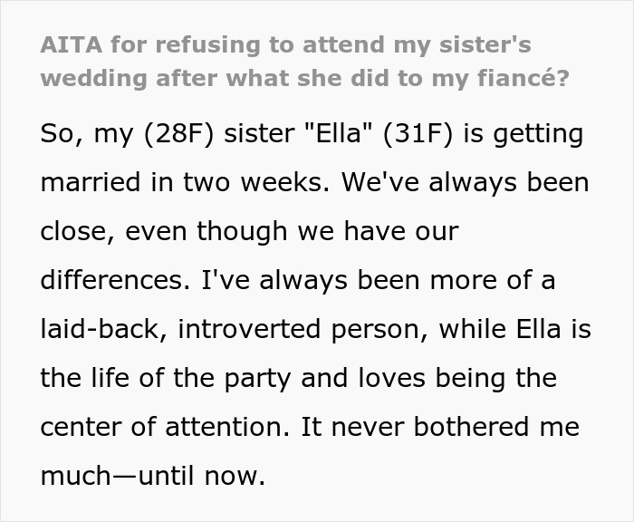 Text about a woman questioning her sister's wedding plans, conflict involved. Text about a woman questioning her sister's wedding plans, conflict involved.