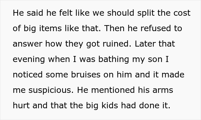 Text block describing a mom's suspicion of bruises on her son after a disagreement over costs of ruined items by stepsiblings. Text block describing a mom's suspicion of bruises on her son after a disagreement over costs of ruined items by stepsiblings.