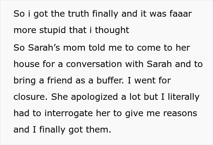 Text describing a woman's interaction with Sarah's mom for closure on a lie. Text describing a woman's interaction with Sarah's mom for closure on a lie.