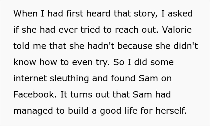 Text discussing sleuthing to find Sam on Facebook, relating to an inheritance situation with a friend's daughter. Text discussing sleuthing to find Sam on Facebook, relating to an inheritance situation with a friend's daughter.