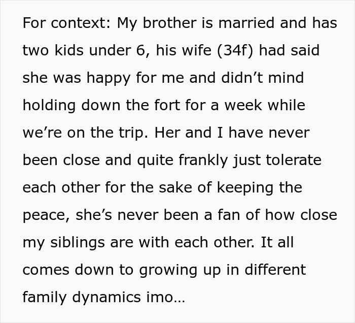 Text explaining family dynamics during a birthday trip involving brother, sister, and babysitting. Text explaining family dynamics during a birthday trip involving brother, sister, and babysitting.