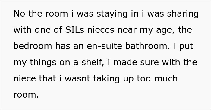 Text discussing sharing a room with a niece, mentioning an en-suite bathroom and organizing items on a shelf. Text discussing sharing a room with a niece, mentioning an en-suite bathroom and organizing items on a shelf.