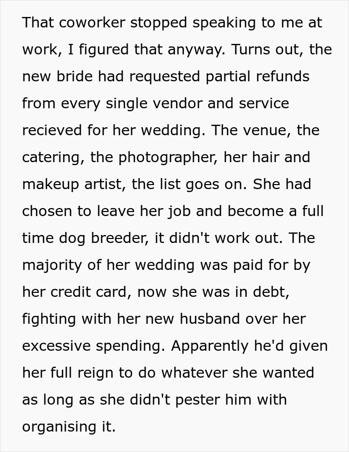 Text detailing a bride requesting wedding refunds after an unsuccessful marriage. Text detailing a bride requesting wedding refunds after an unsuccessful marriage.