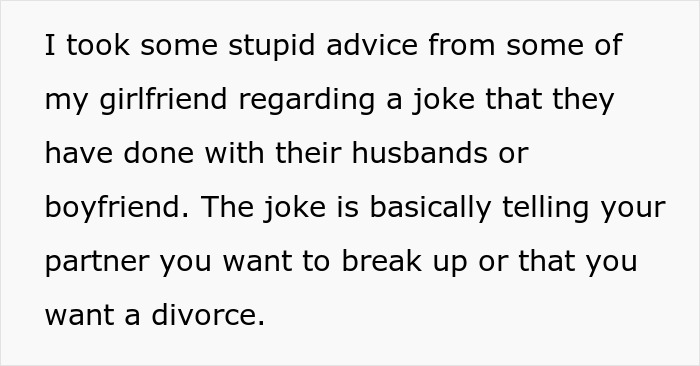 Text about a woman's joke involving fake divorce or breakup backfires when husband serves divorce papers. Text about a woman's joke involving fake divorce or breakup backfires when husband serves divorce papers.
