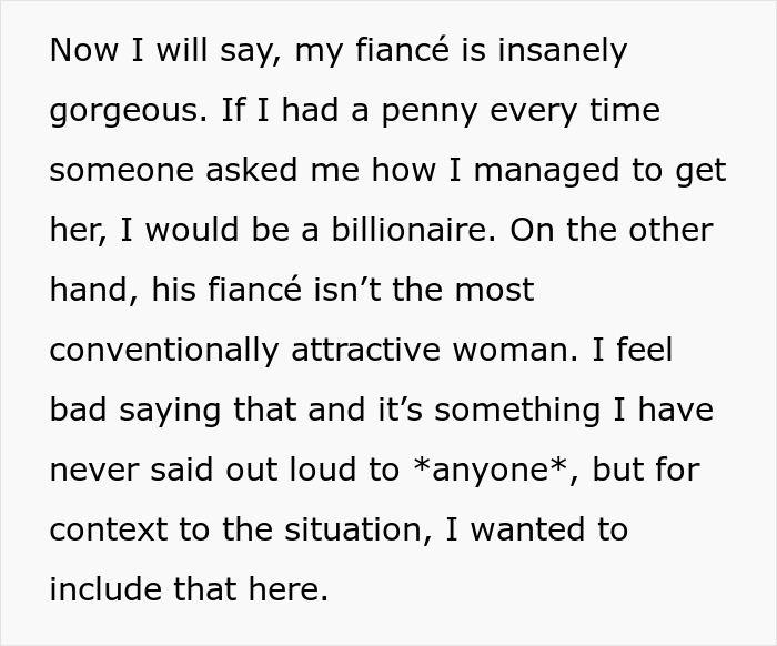 Text discussing attractiveness and feeling bad about comparing fiancées, related to wedding conflict. Text discussing attractiveness and feeling bad about comparing fiancées, related to wedding conflict.
