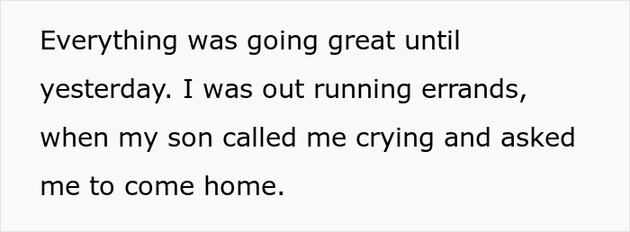 Text about a son calling his parent crying, asking them to come home. Text about a son calling his parent crying, asking them to come home.