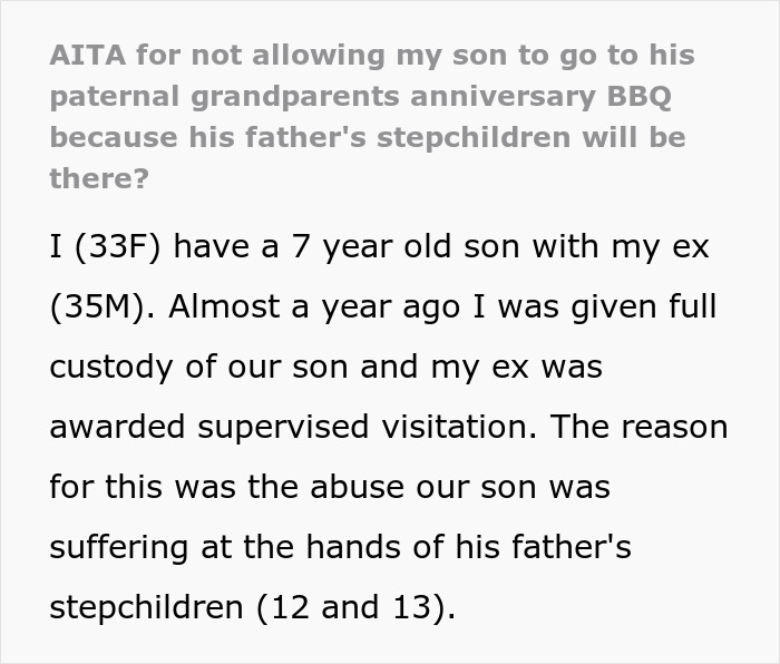 Discussion text about a mom refusing her son to attend a BBQ due to his stepsiblings. Discussion text about a mom refusing her son to attend a BBQ due to his stepsiblings.