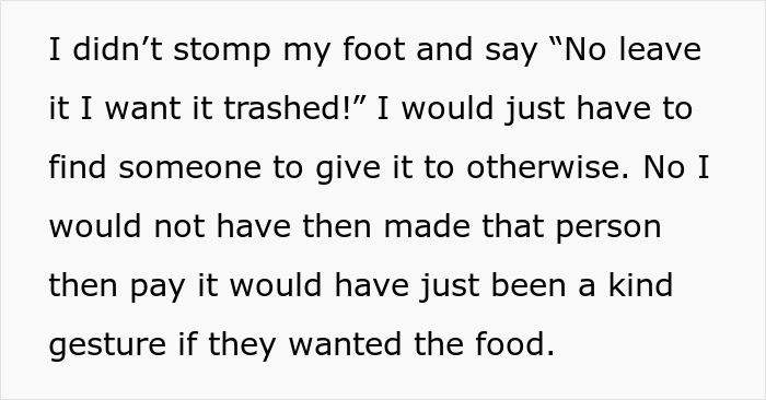 Text discussing a situation about refusing to pay for food someone else took home. Text discussing a situation about refusing to pay for food someone else took home.
