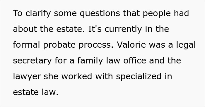 Text discussing the current probate process of an estate and details about a legal secretary's role in family law. Text discussing the current probate process of an estate and details about a legal secretary's role in family law.