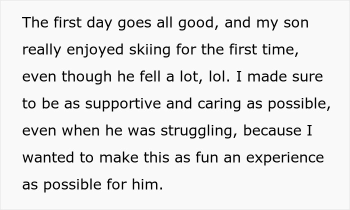 Text describing a father's supportive skiing experience with his son on a beginner trail. Text describing a father's supportive skiing experience with his son on a beginner trail.